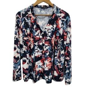 Zac & Rachel Plus 2X Long Sleeve Stretch Floral Abstract Blouse Split Neck